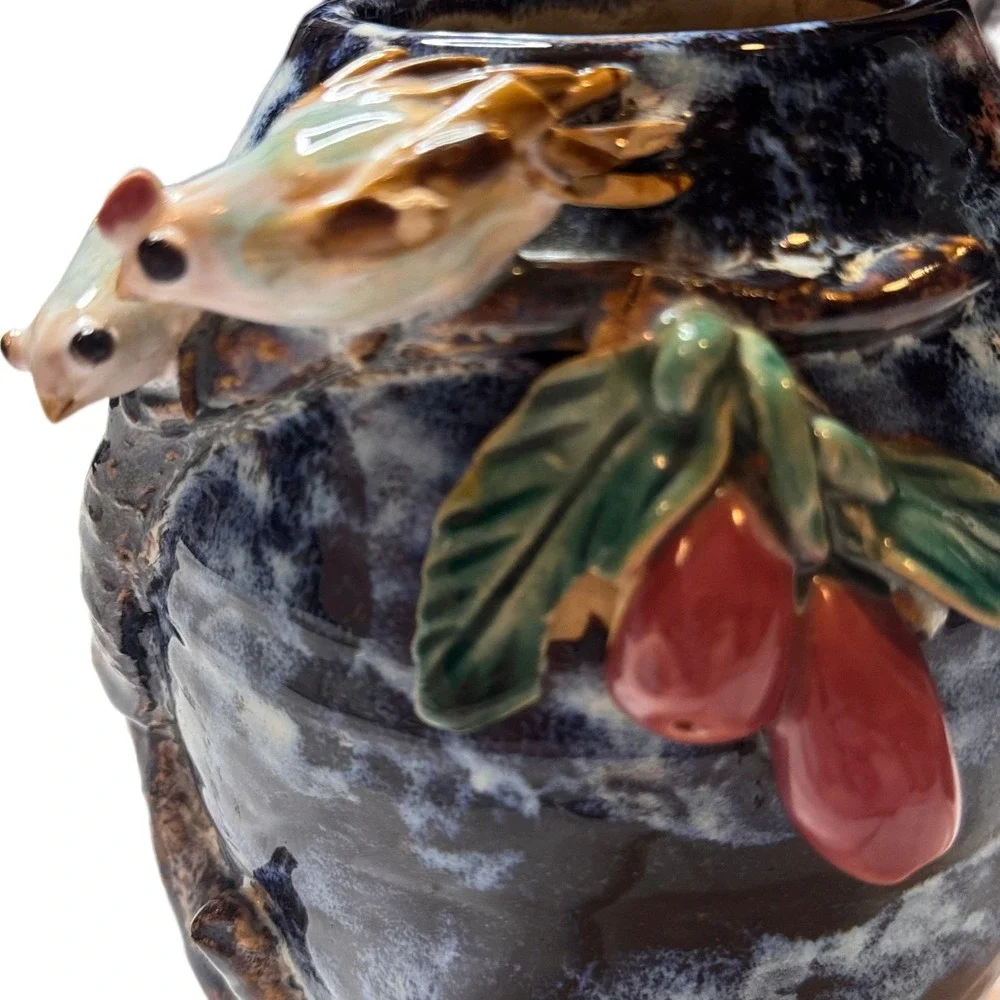 Handmade Vase Antique Reproduction Birds Berries Blue Brown Glazed Ceramic Decor